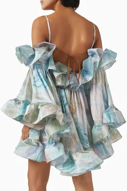 zimmermann silk flounce mini dress Zimmermann Illuminate Flounce Mini Dress in Blue Agate