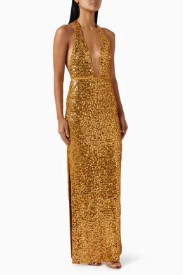 slim fit dress slacks Showstopper Maxi Dress Covered in Gold Sequins S / 4 / Gold