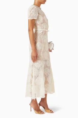 Buy Self-Portrait Neutral Belted Midi Dress in Tulle Lace For Women Online  | Ounass Oman