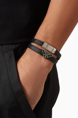 アクセサリー prada leather studs double bracelet Buy Prada Black Double Logo Bracelet in Leather For Men Online