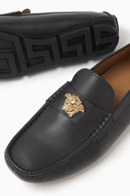 Buy Versace Black La Medusa Driver Shoes in Leather For Men  display picture 3