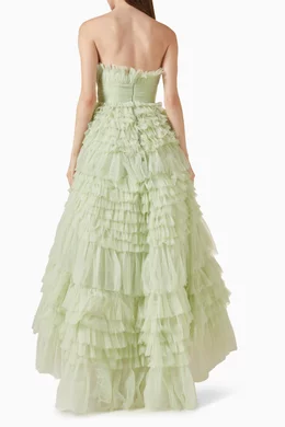 mac duggal strapless organza maxi dress Striped Organza Strapless Ruffle Maxi Dress