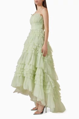 chinese dress ladies Striped Organza Strapless Ruffle Maxi Dress main image 0