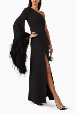white christmas dresses Stardust | Black Sequined Velvet Crew-Neck Mini Dress with Feather Trim