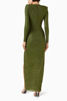 self portrait olive green rhinestone maxi dress Olive Rhinestone Embellished Maxi Dress  self-portrait-US