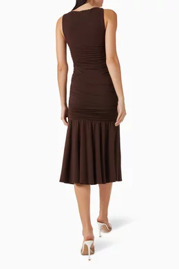 knee length dresses for ladies Reformation Suvi Ruched Midi Dress Dark Brown Stretch Jersey Size Smal   Celebrity Owned