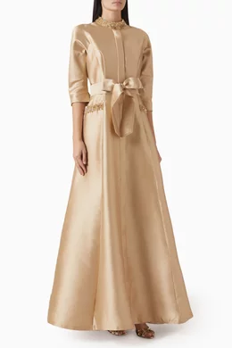 Buy Teri Jon Gold Beaded Collar Shirt Maxi Dress in Satin For Women Online  | Ounass Oman