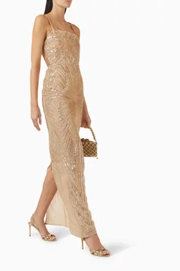 gold fringe halter dress ASHLEYlauren 11514 Beaded Halter Gown main image 1
