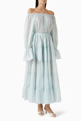 Buy MOR NOIR Blue Beatrice Off-shoulder Maxi Dress in Cotton-silk For  Women Online | Ounass Oman