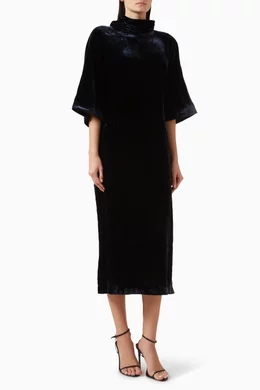 Buy COS Blue Drape-neck Midi Dress in Velvet For Women Online | Ounass Oman