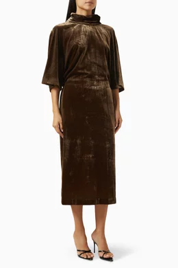 Buy COS Brown Drape-neck Midi Dress in Velvet For Women Online | Ounass Oman