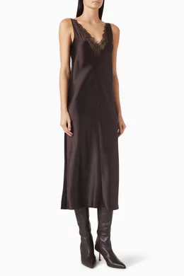 Buy COS Brown Lace-trim Midi Dress in Satin For Women Online | Ounass Oman