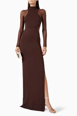 elisabetta franchi brown dress ELISABETTA FRANCHI Women's long brown dress with sheer detail