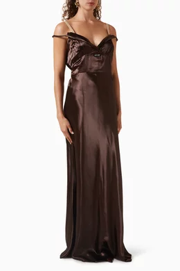 miu miu dress brown Kona Strapless Pleated Bust Satin Maxi Dress Butter main image 0