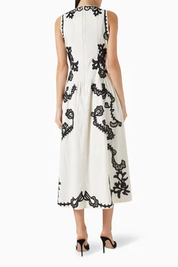 ulla johnson white embroidered sleeveless midi dress Ulla Johnson | Women's Fleur Linen Midi Skirt in White Ivory High-Waist Embroidered Skirt