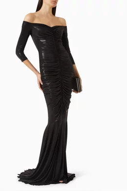 norma kamali off shoulder fishtail dress Walter Off-The-Shoulder Gown Crafted from a blend of 95% polyester and 5% elastane Norma Kamali Women's Grace Fishtail
