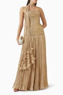 Buy Marmar Halim Gold Pleated Corset Slit Gown in Silk For Women Online |  Ounass Oman