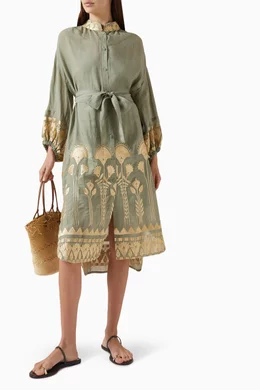 Buy Greek Archaic Kori Green Embroidered Belted Midi Dress For Women Online  | Ounass Oman