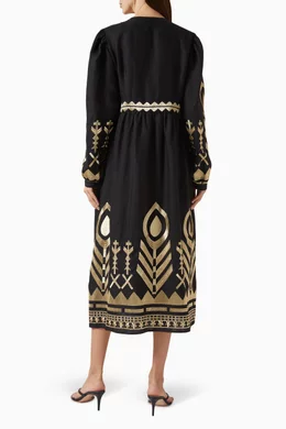 Buy Greek Archaic Kori Black Embroidered V-neck Dress For Women Online