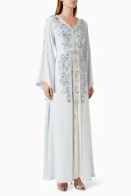 green emerald velvet dress Floral Printed Fabric Kaftan with Embroidered Belt – Maxim Creation
