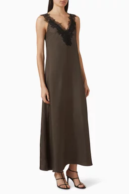 Buy Rhe Grey V-neck Lace Dress in Silk For Women Online | Ounass Oman