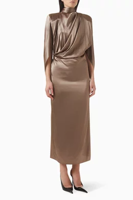 princess polly baby blue dress Addison Foldover Scarf-Neck Dress in Olive Brown main image 1
