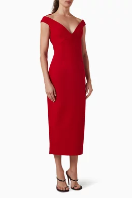 open lace back dress Jarlo Monica Off Shoulder Maxi Dress Pleated Side Skirt Drape in Red –  Jarlo London main image 0