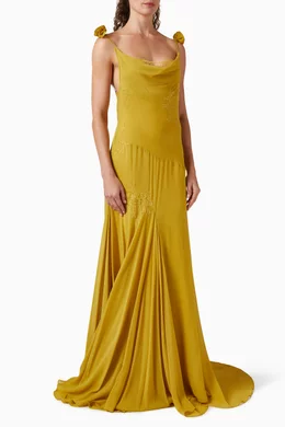 Buy De La Vali Yellow Dia Cowl-neck Dress in Silk Chiffon For Women Online  | Ounass Oman