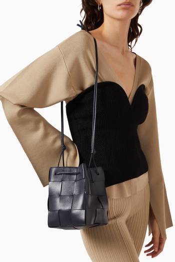 hover state of Small Cross-Body Bucket Bag in Intreccio Leather