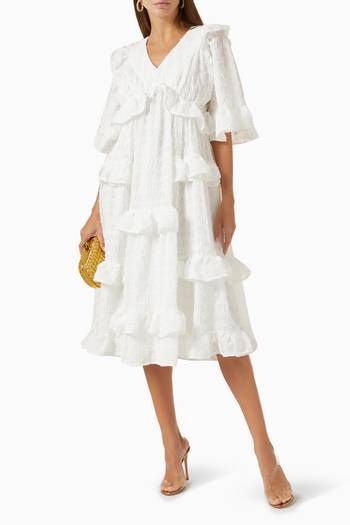 hover state of V-neck Ruffled Midi Dress in Cotton-blend