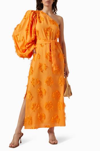 hover state of One-shoulder Fringe & Floral Appliqué Maxi Dress