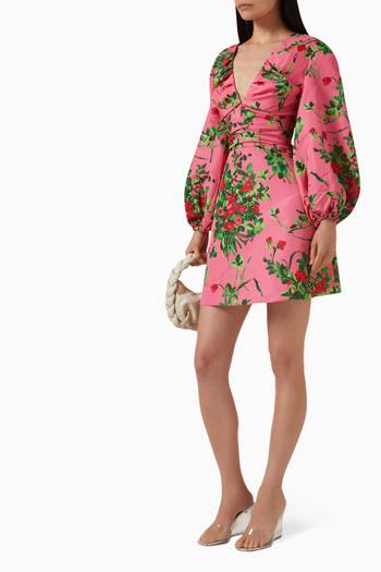 hover state of Rose-print Balloon-sleeve Mini Dress in Faille