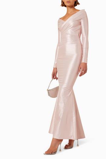 hover state of Draped Bodycon Maxi Dress in Frosted Stretch-taffeta