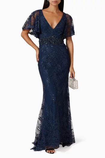 Embellished Butterfly Sleeve Gown in Tulle