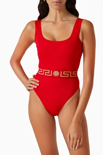 Greca Belt One Piece Swimsuit in Stretch Nylon
