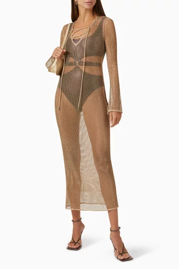 فستان تيت طويل للارتداء فوق ملابس السباحة قماش شبكي مطرز بكريستال