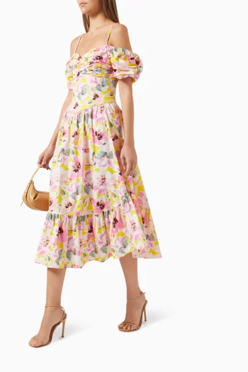 Rue Off-shoulder Midi Dress in Floral-print Cotton