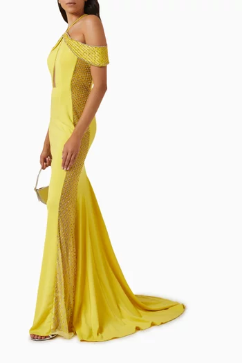 Beaded Off-the-shoulders Gown in Scuba
