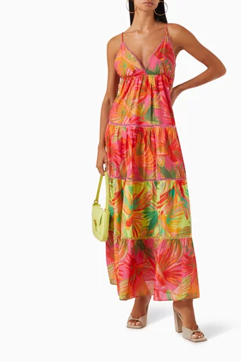 Mixed Painted Birds Maxi Dress in Cotton