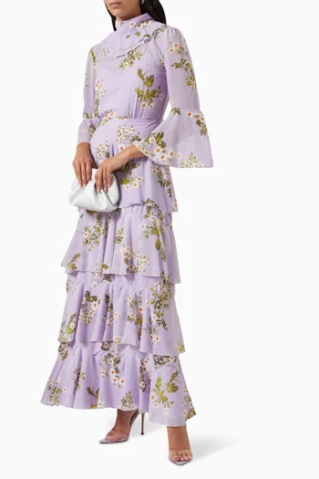 فستان طويل بنقشة زهور وكشكش جورجيت
