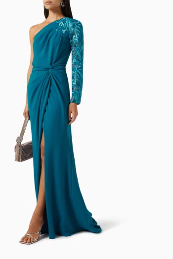 One-shoulder Embroidered Gown in Crepe