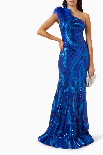 One-shoulder Feather Embellished Gown