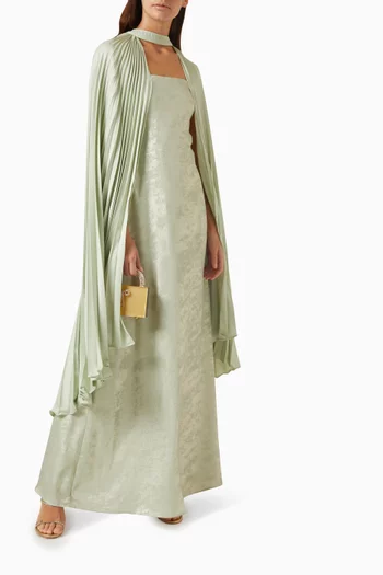 Pleated Cape Maxi Dress in Silk & Organza