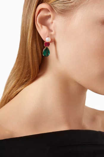 Emerald Pear Crystal & Pearl Drop Earrings in Gold-vermeil
