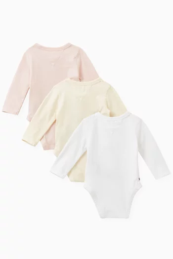 Logo Long Sleeved Bodysuits, Set of Three in Cotton