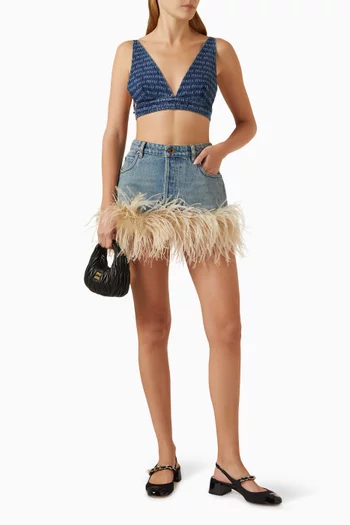 Feather-trim Mini Skirt in Denim