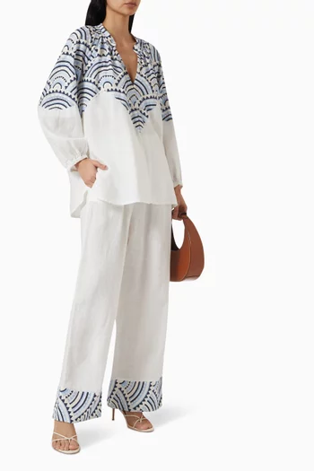 Embroidered Cuff Pants in Linen-blend