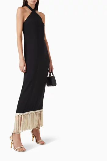 Nina Hand-Tied Fringes Maxi Dress in Crepe Cady