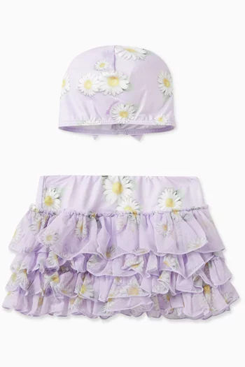 Floral-print Cap and Swim Skirt Set