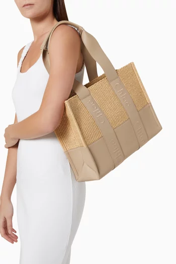Medium Woody Tote Bag in Raffia and Leather